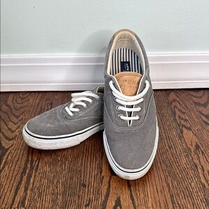 Sperry men’s top siders size 8. Dark Gray Canvas Sneakers with tie up laces.